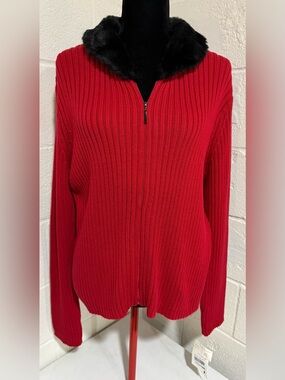 NWT Liz Claiborne Lizsport Red Zip Faux Fur Collar Ribbed Cardigan Sweater XL